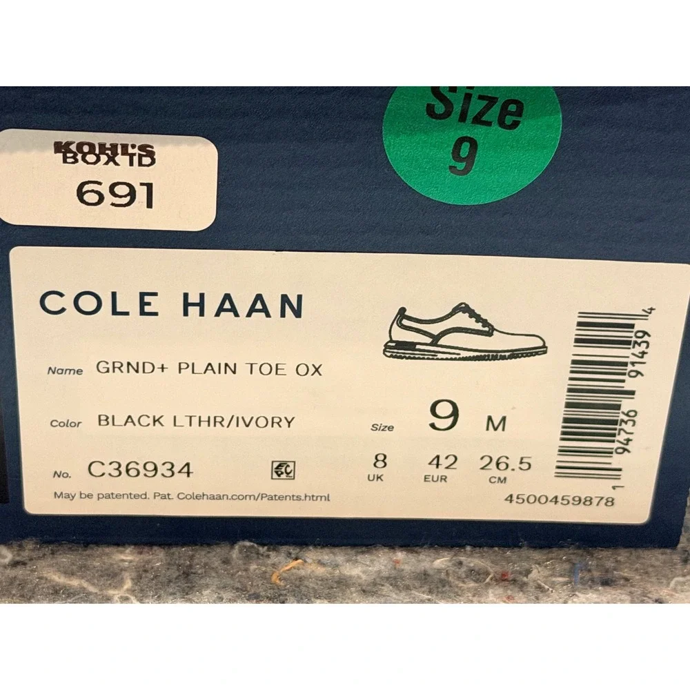 Cole Haan Men's 9 Grand Plus Plain Toe Oxford Black Leather Ivory‎ C36934